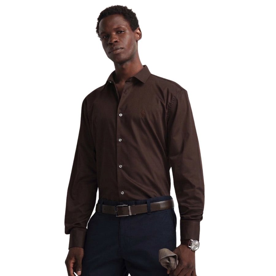 Polo Mens Essential Sateen Shirt In Chocolate 0070639.