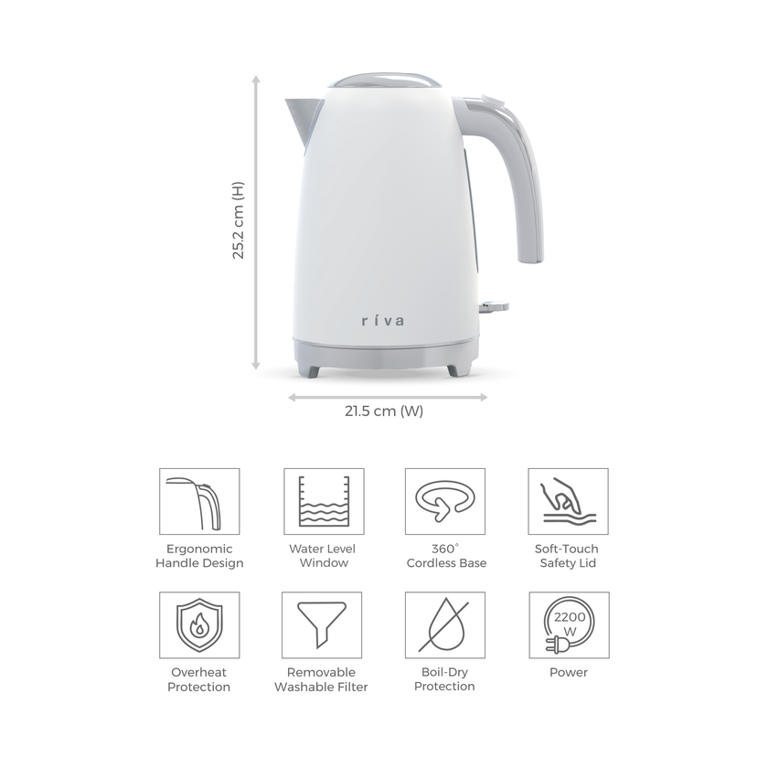 Riva Stainless Steel Kettle 1.7L Matt White RVWK001