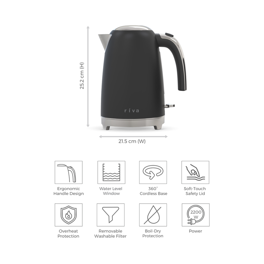Riva Stainless Steel Kettle 1.7L Matt Black RVBK001