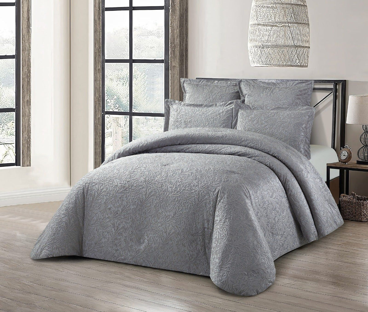 Cotton Co Madrid Jacquard Comforter 5 Piece Queen Silver.