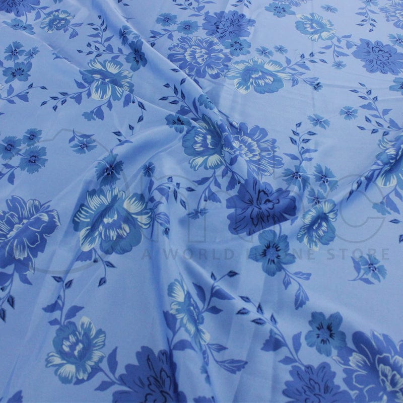 PRINTED SATIN Fabric Sky Blue Printed 50D Dull Satin 140cm (7143095894105)