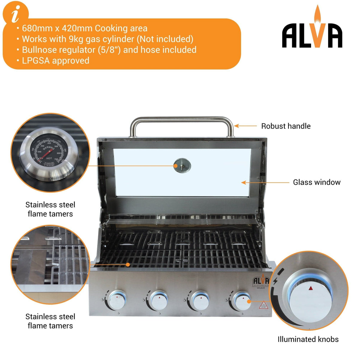 alva 4-Burner Glass Hood Alva Mojave 4-Burner Glass Hood Drop-In Gas BBQ GSS4BTT