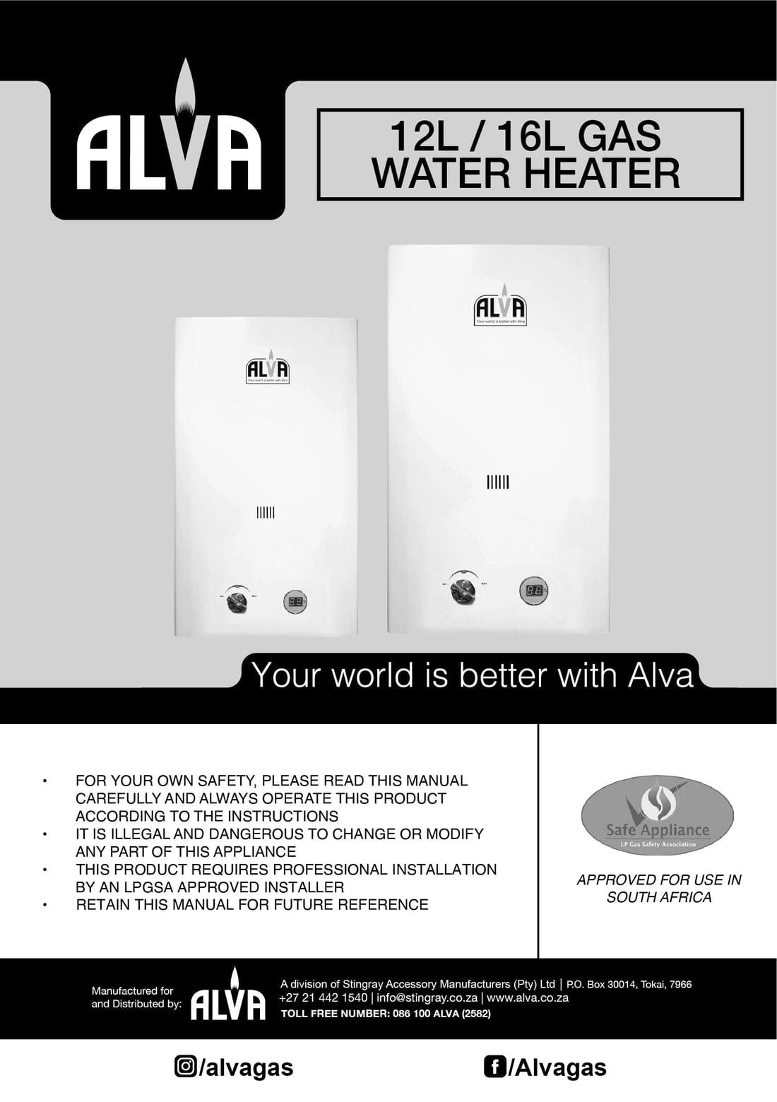 alva Gas Geyser Alva 16L Gas Water Heater GWH2016L (7307212292185)