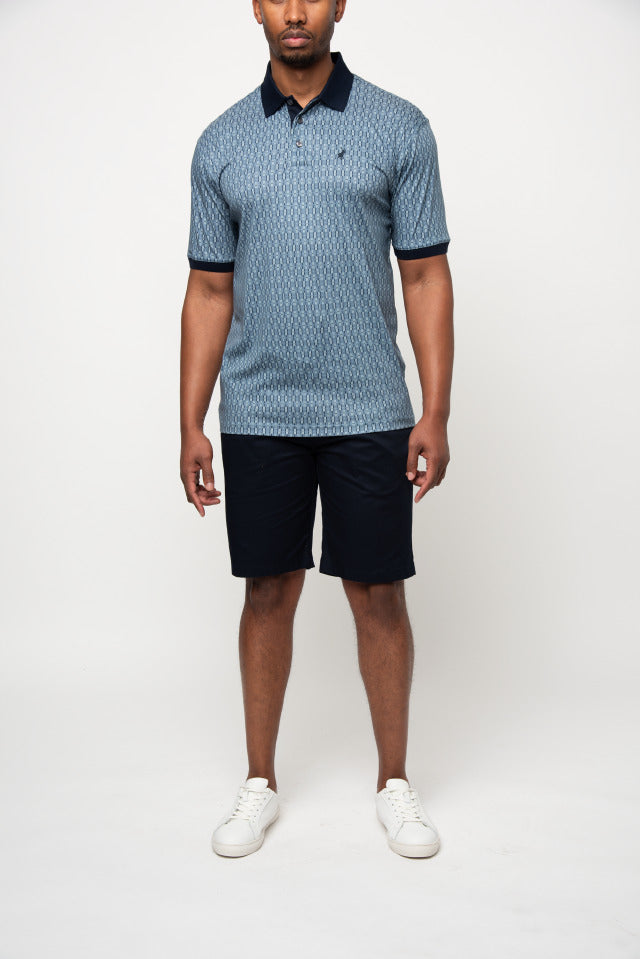 Polo Mens Double Mercerised Printed Micro Geo Golfer Blue