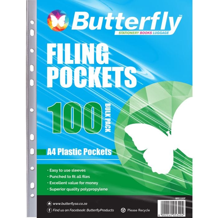 Butterfly School Stationery Butterfly Filing Pockets - A4 Pack of 100 (4420140925017)