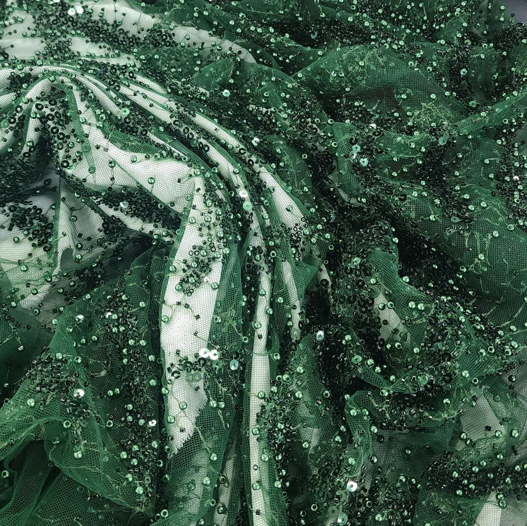 BEADED LACE Dress Fabrics Milani Beaded Lace Bottle Green Fabric 130cm (7397293293657)
