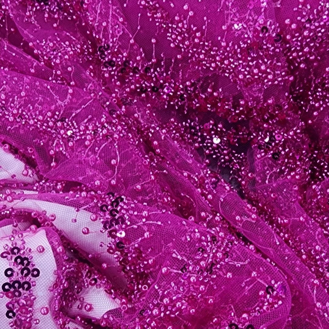 BEADED LACE Dress Fabrics Milani Beaded Lace Fabric Cerise 130cm (7397293326425)