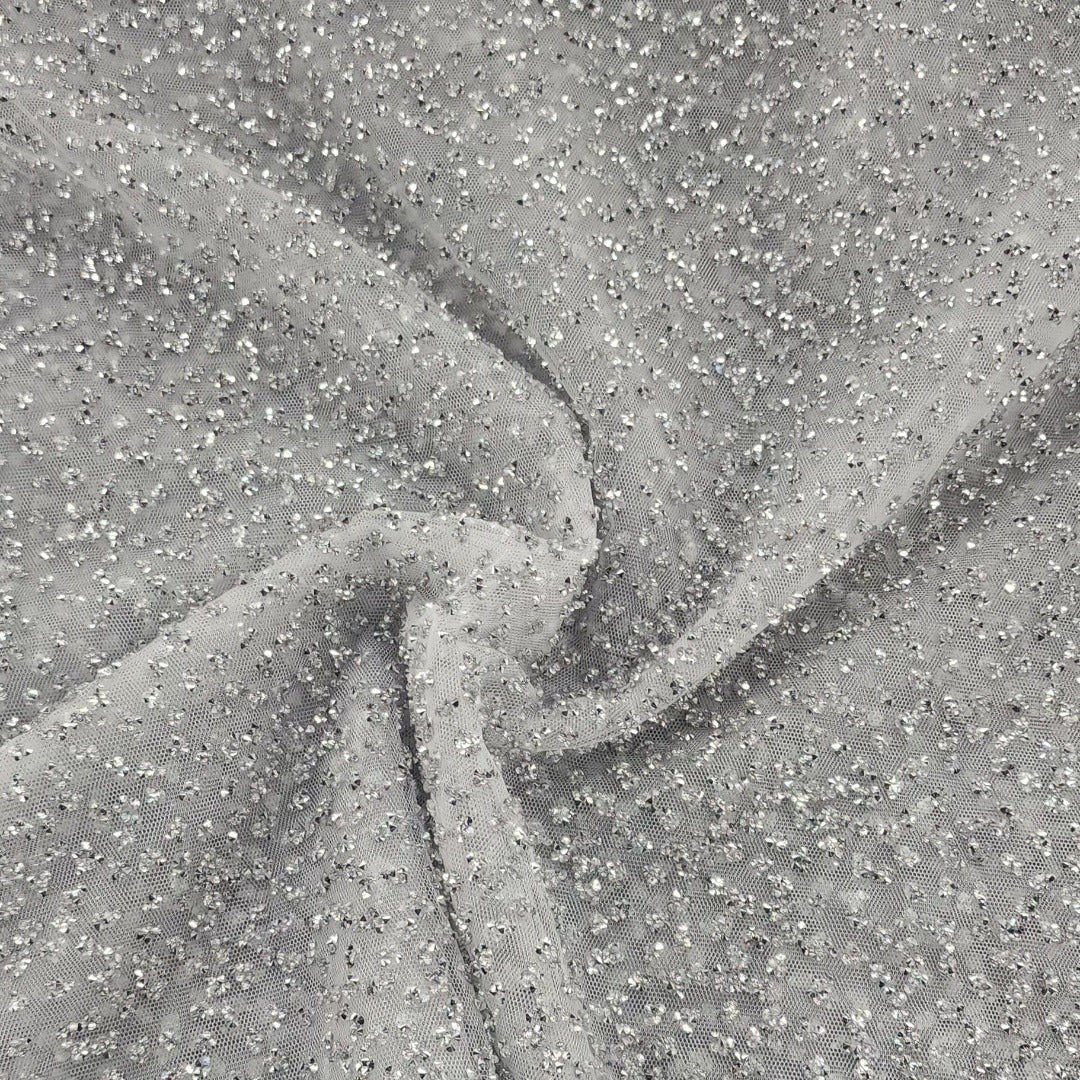BEADED LACE Dress Fabrics White Mesh With Glitter Stones 5014 (7681934000217)