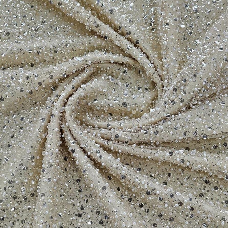 BEADED LACE Fabric Skin Silver Beaded Lace Fabric 120 cm (7132630843481)
