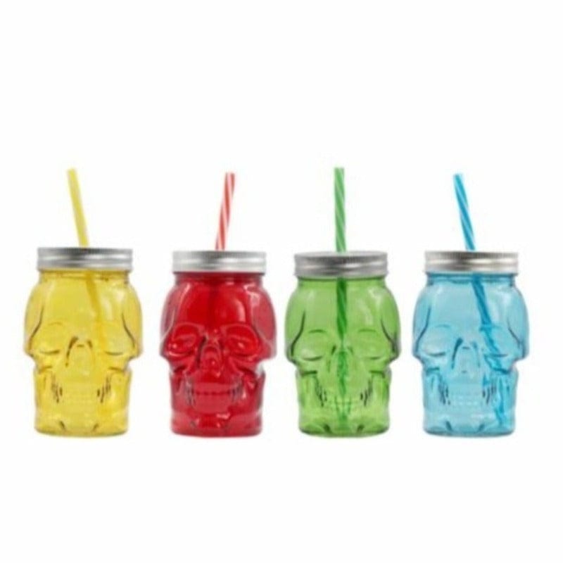 Regent Jar Regent Glass Skull Mason Jar Asst. Colours With Metal Lid & Straw, (6811717664857)