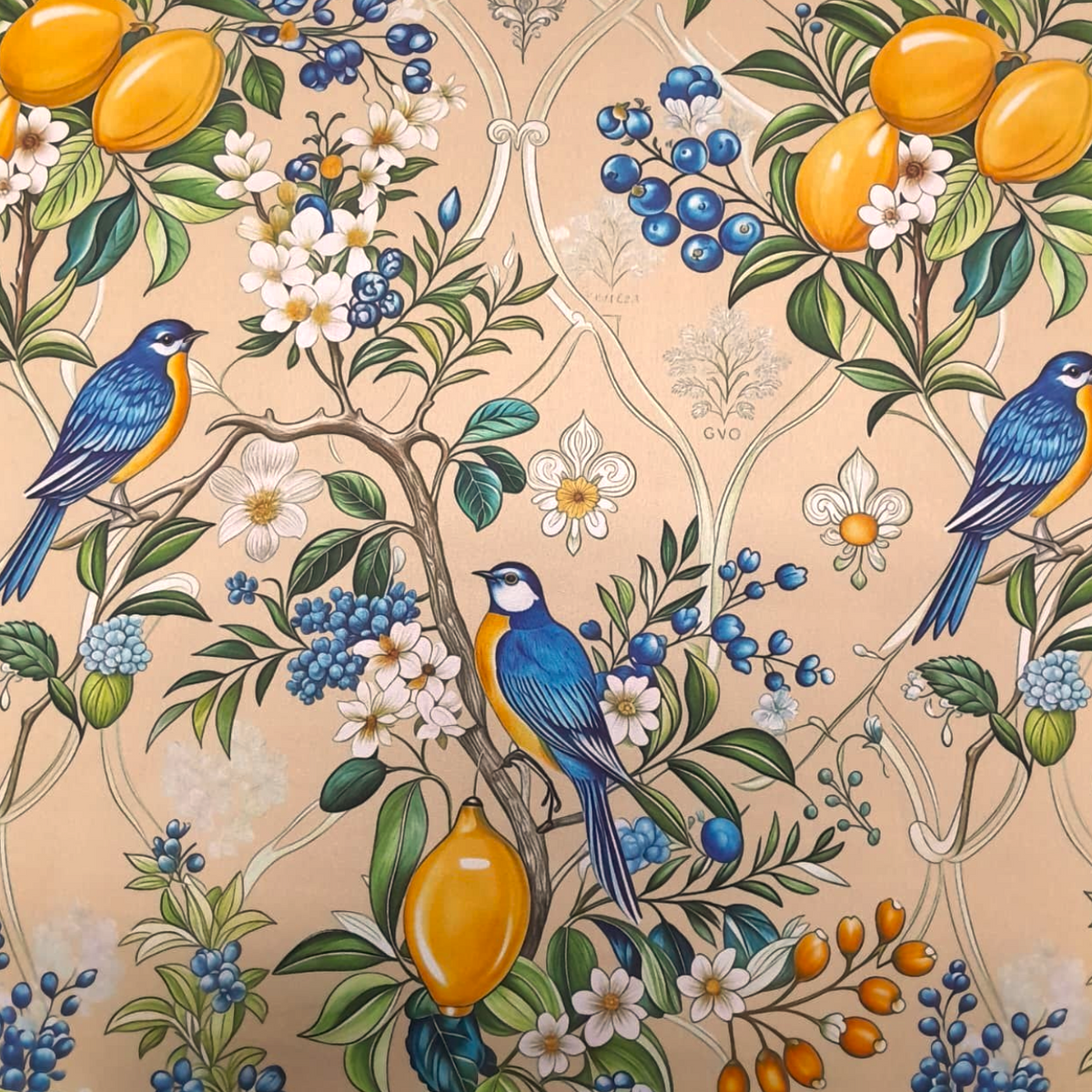 Fabric Printed Mini Matt Birds/Lemons 140 cm.
