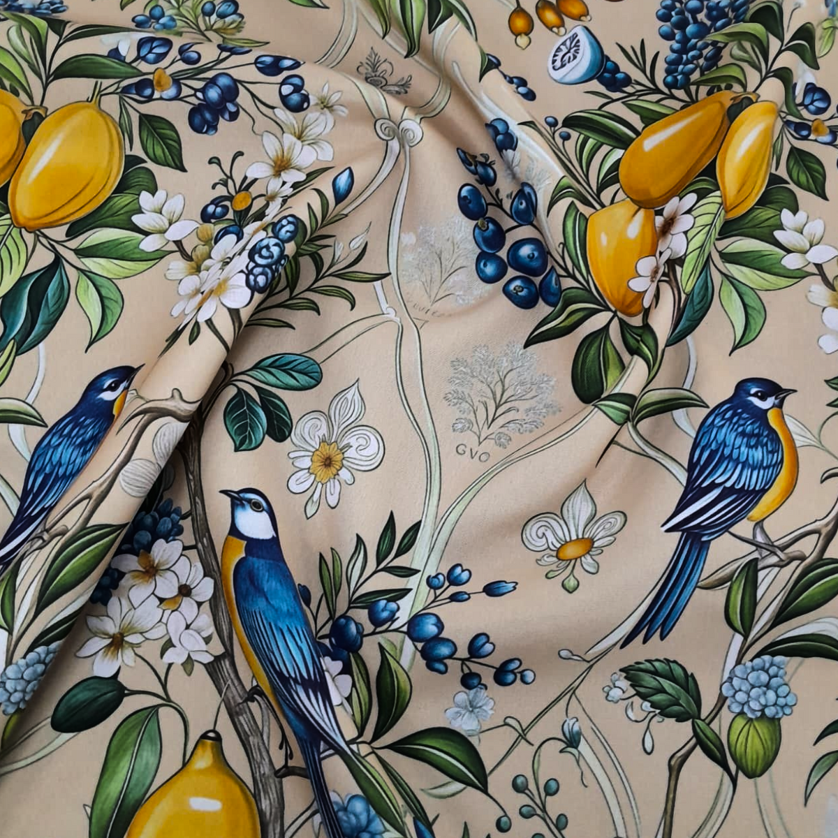 Fabric Printed Mini Matt Birds/Lemons 140 cm.