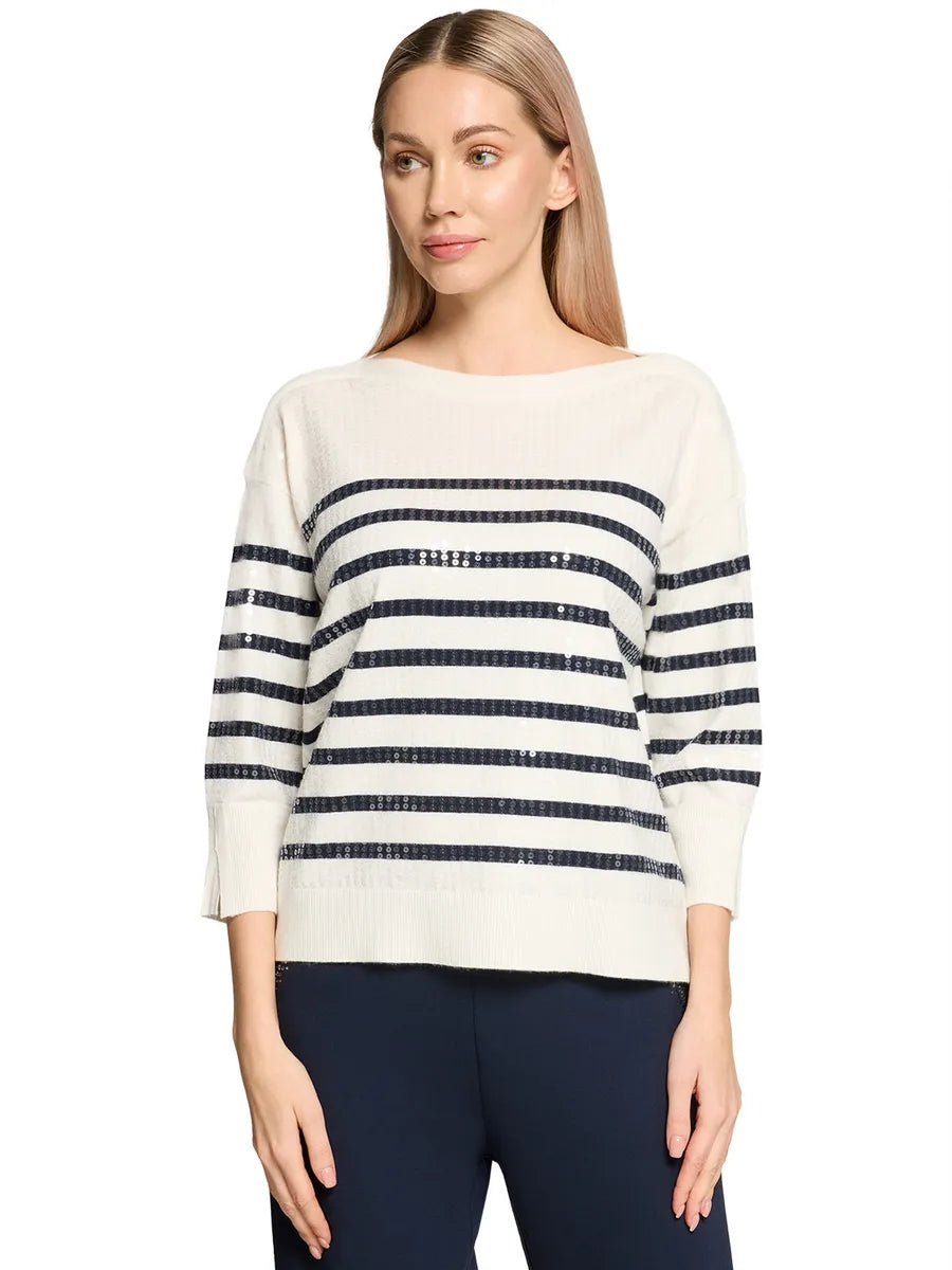 Betty Barclay Ladies Striped Knit Pullover with 3/4 Sleeves-Cream/Dark Blue 5270/8026.