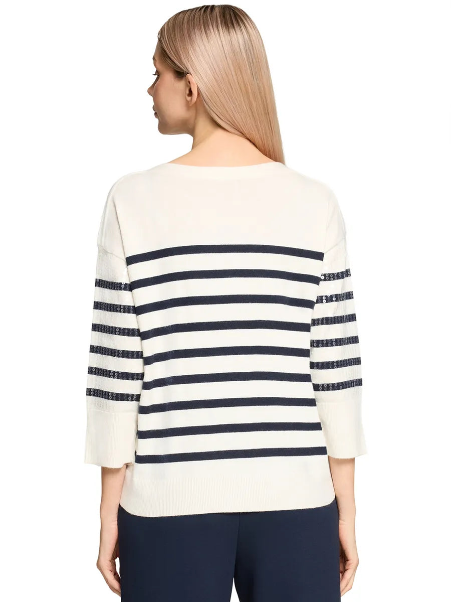 Betty Barclay Ladies Striped Knit Pullover with 3/4 Sleeves-Cream/Dark Blue 5270/8026.