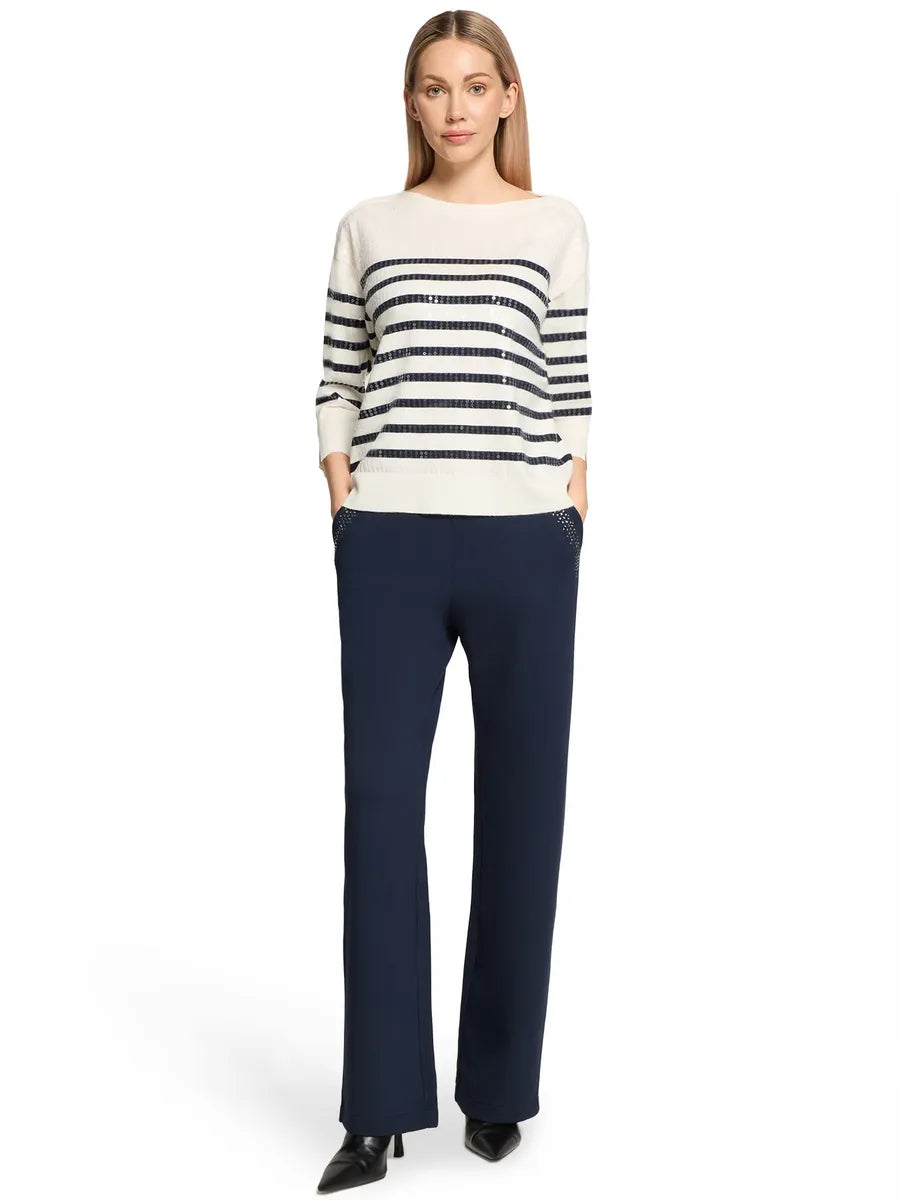 Betty Barclay Ladies Striped Knit Pullover with 3/4 Sleeves-Cream/Dark Blue 5270/8026.