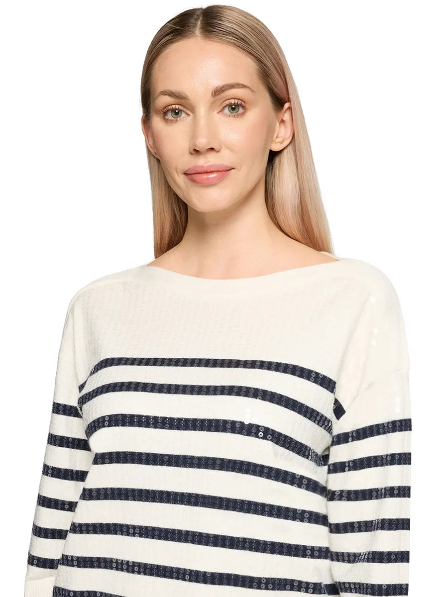 Betty Barclay Ladies Striped Knit Pullover with 3/4 Sleeves-Cream/Dark Blue 5270/8026.
