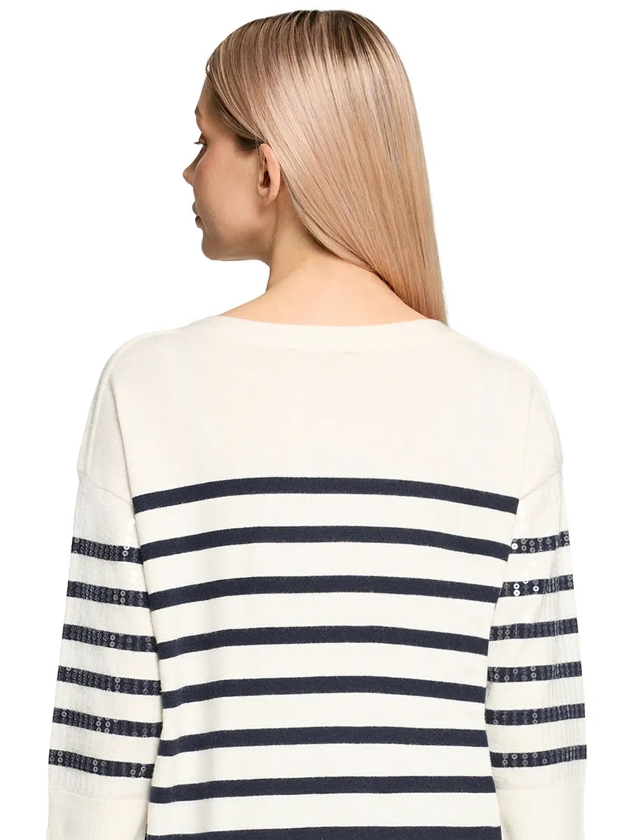 Betty Barclay Ladies Striped Knit Pullover with 3/4 Sleeves-Cream/Dark Blue 5270/8026.