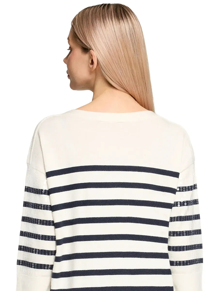 Betty Barclay Sweater Betty Barclay Ladies Striped Knit Pullover with 3/4 Sleeves-Cream/Dark Blue 5270/8026