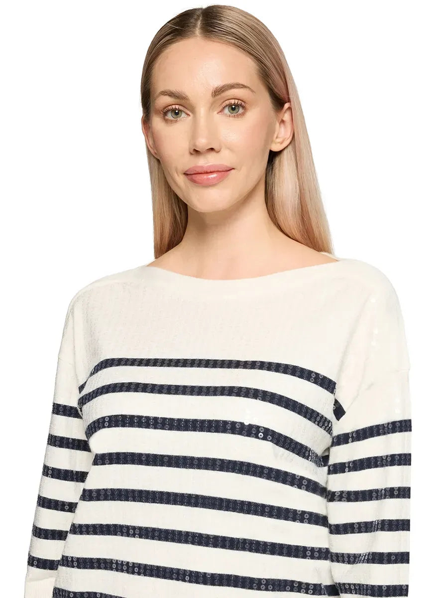 Betty Barclay Sweater Betty Barclay Ladies Striped Knit Pullover with 3/4 Sleeves-Cream/Dark Blue 5270/8026