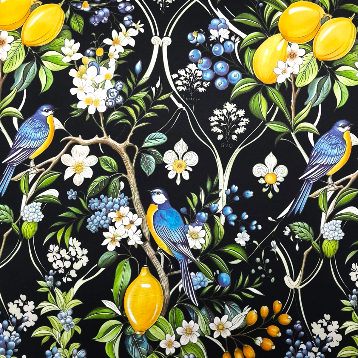 Fabric Printed Mini Matt Birds/Lemons 140 cm.