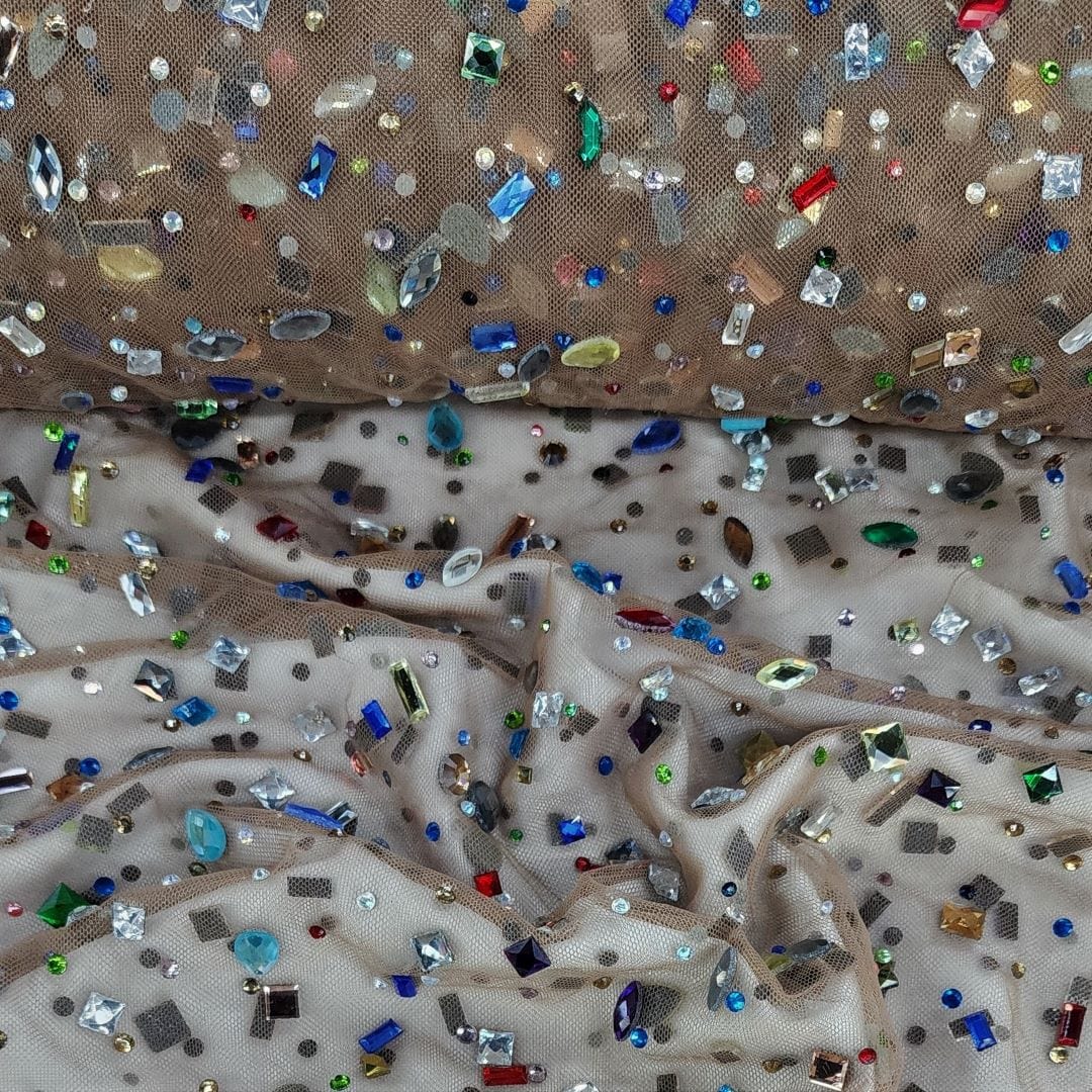 BRIDAL Dress Fabrics Beaded Stone Lace Fabric Beige 120cm (7308673286233)