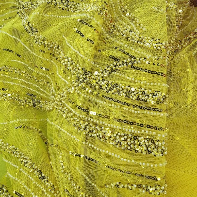 BRIDAL LACE Dress Fabrics Kenzi Beaded Lace Fabric Yellow 130cm (7478111666265)
