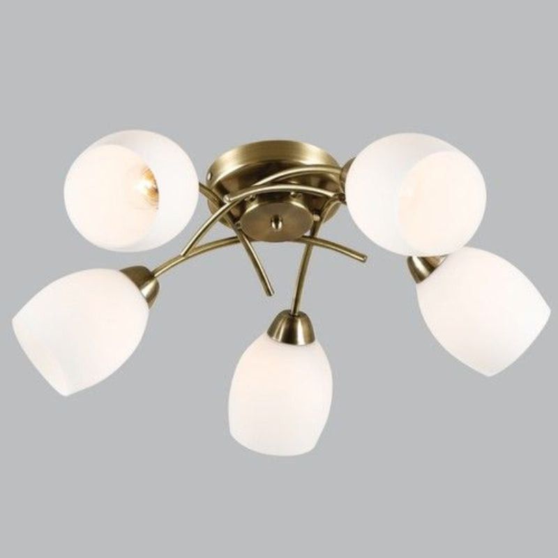 Brightstar CH489/5 ANTIQUE Metal Chandelier with White Glass Antique Brass.