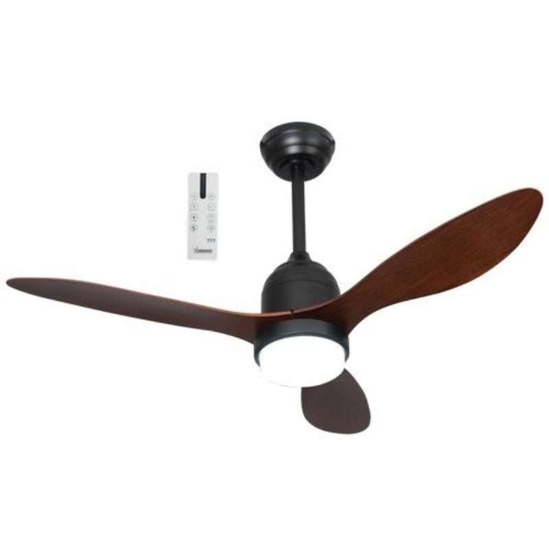 Brightstar FCF124 OUTDOOR 15W LED CCT 20W DC Motor Outdoor/Indoor Ceiling Fan IP65 Black with 3 Dark Wood Grain Finish Blades.