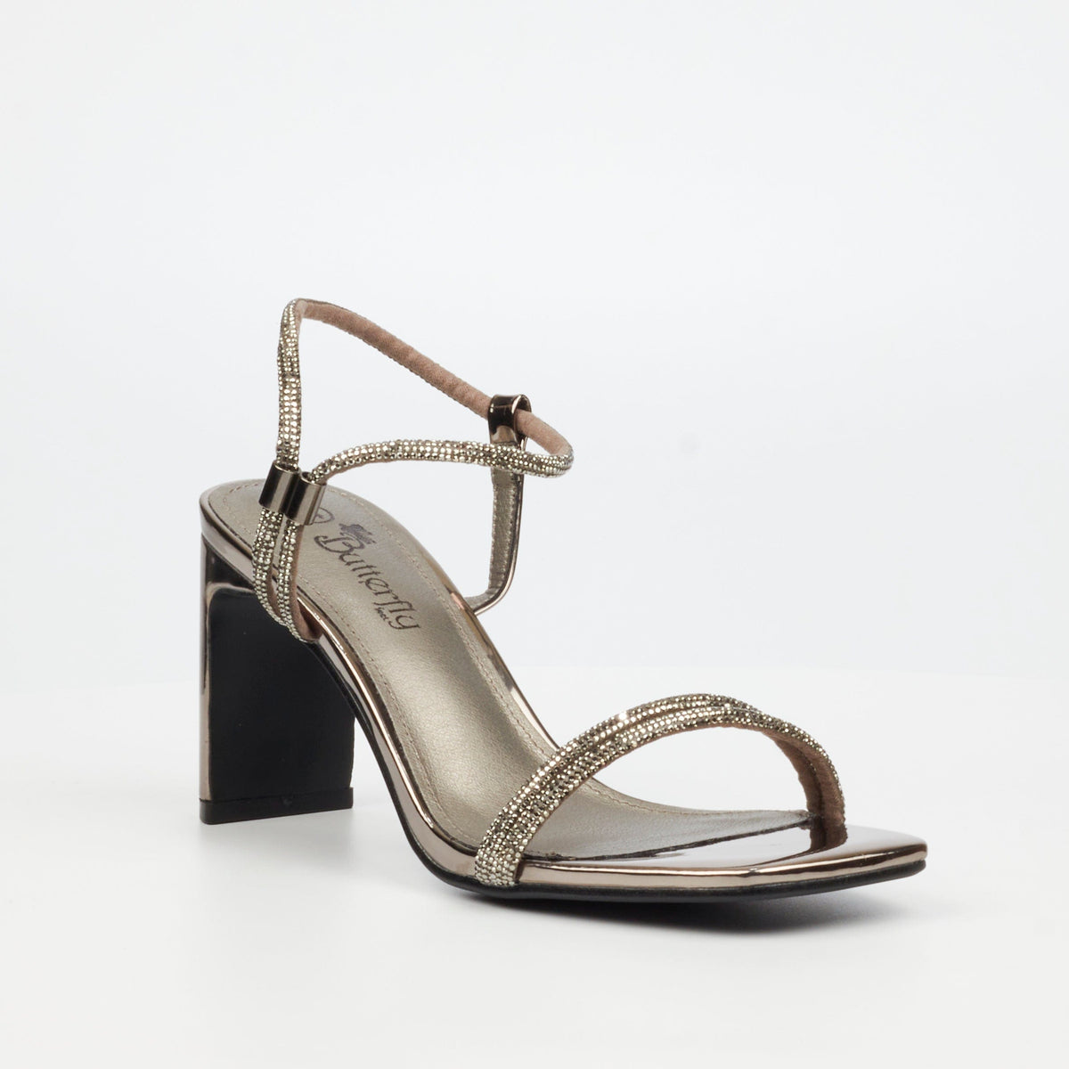 Butterfly Feet Sandals Butterfly Feet Charla 1 Faux Patent Low Heels – Pewter