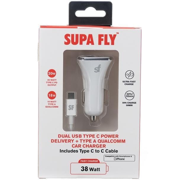 Superfly Power Adapters & Chargers Supa Fly 38W Dual USB PD and QC Car Charger with Type C Cable (7676229320793)