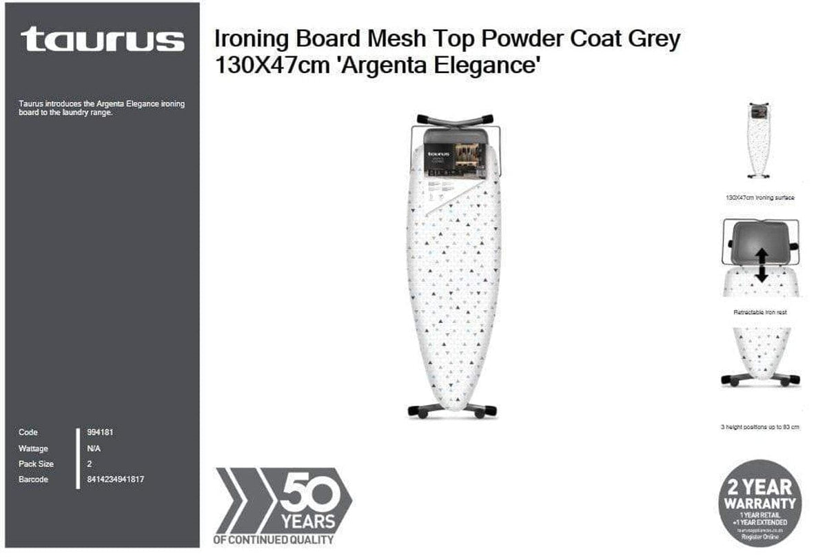 Taurus Ironing Board Taurus Ironing Board Mesh Top Powder Coat Grey 130x47cm Argenta Elegance (6798544109657)