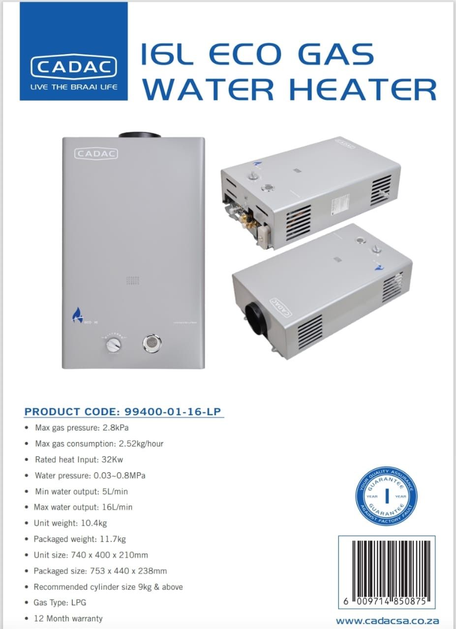 Cadac Gas Geyser Cadac 16 Litre ECO Low Pressure Gas Geyser 99400-01-16-LT
