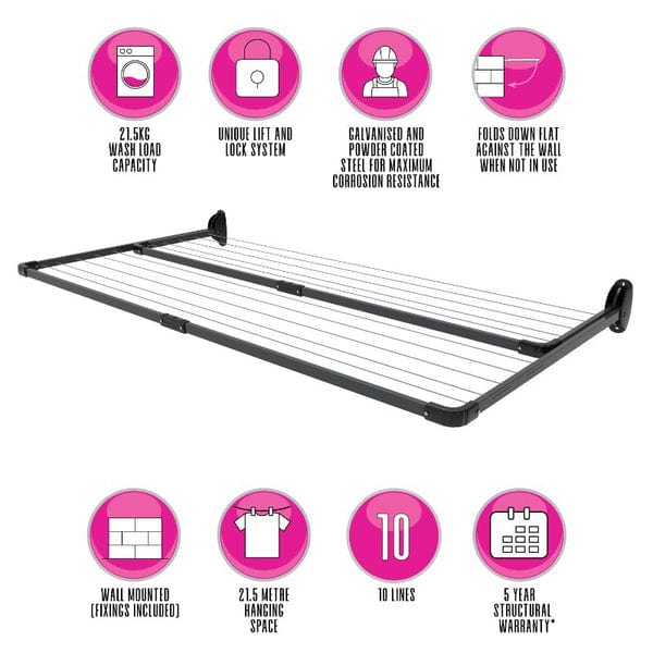 CASA CLOTHES LINE Casa 10-Line Twin Fold Down Wall Mounted Clothesline 21m CLFDTW (4708234428505)