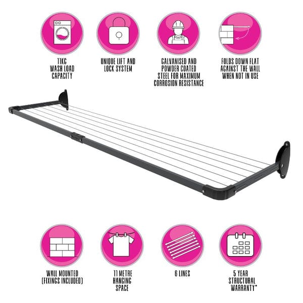 CASA CLOTHES LINE Casa 5-Line Slim Fold Down Wall Mounted Clothesline 11m CLFDSL (4708633051225)