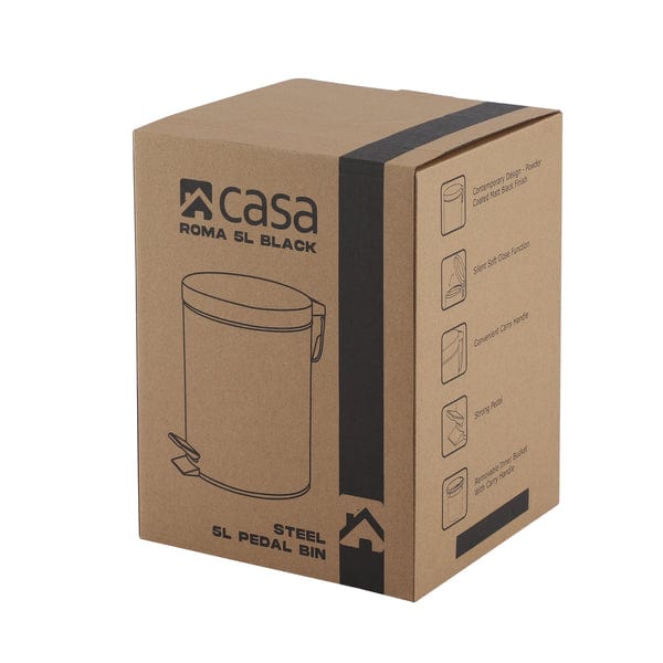 CASA DUST BIN Casa Roma 5L Steel Pedal Bin Black Matte KB7035-5LB (7616135463001)
