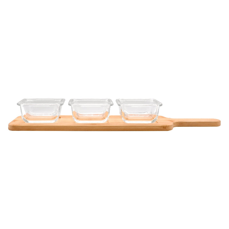 Consol Bowl Consol Santorini 3 Square Glass Bowls 140ml On A Bamboo Serving Board 4 Piece Set 17215