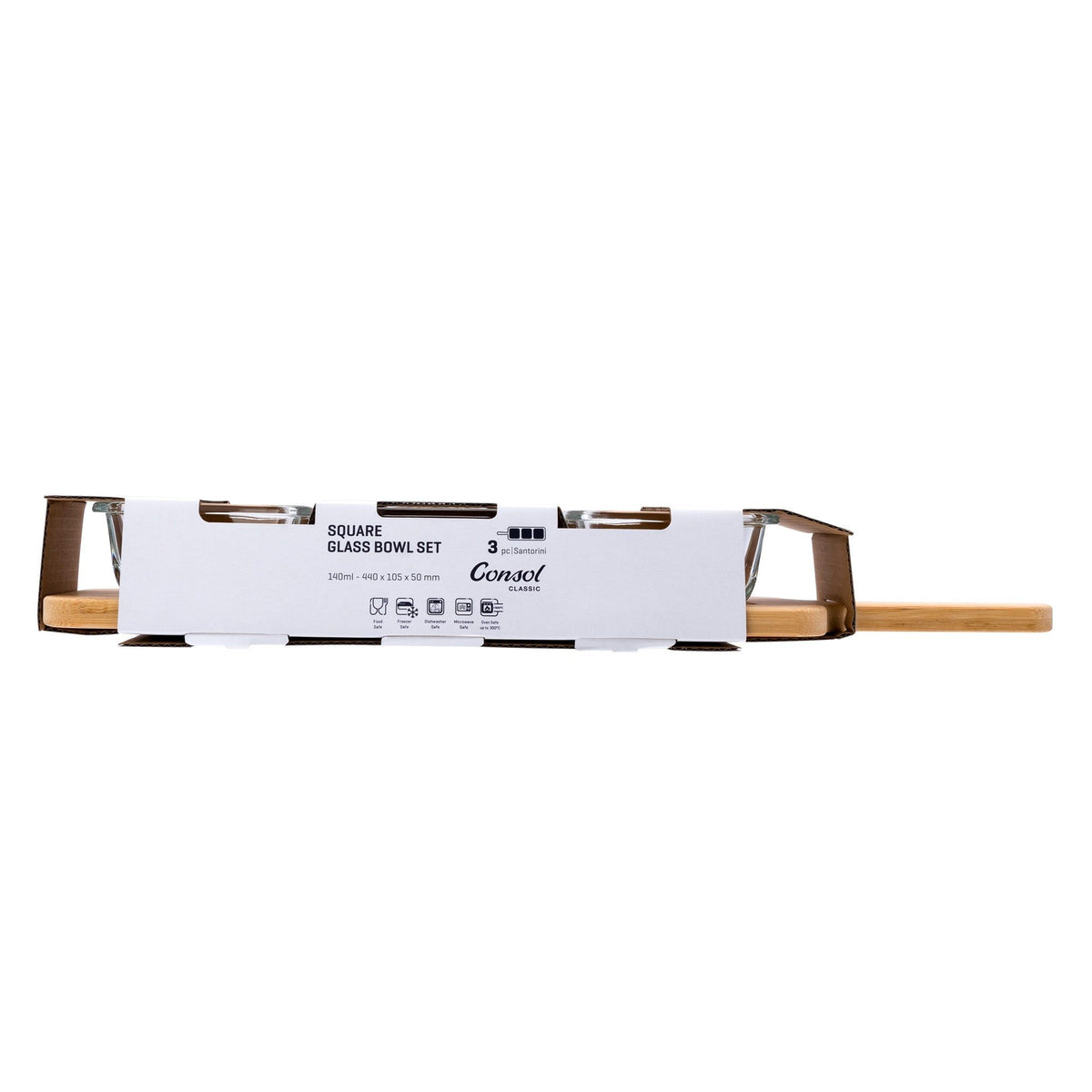 Consol Bowl Consol Santorini 3 Square Glass Bowls 140ml On A Bamboo Serving Board 4 Piece Set 17215