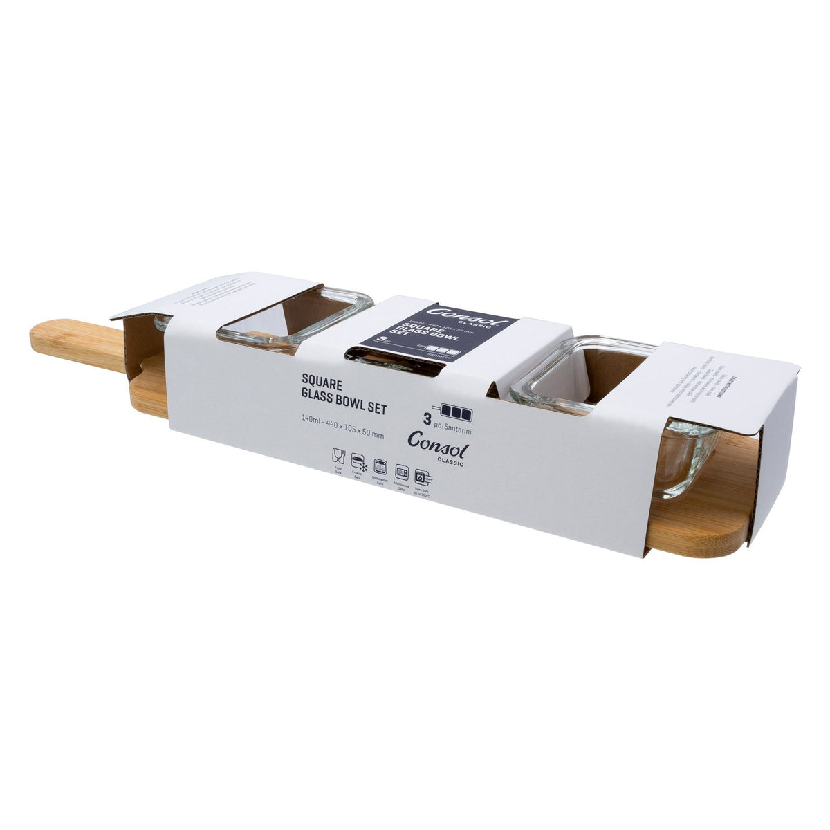 Consol Bowl Consol Santorini 3 Square Glass Bowls 140ml On A Bamboo Serving Board 4 Piece Set 17215