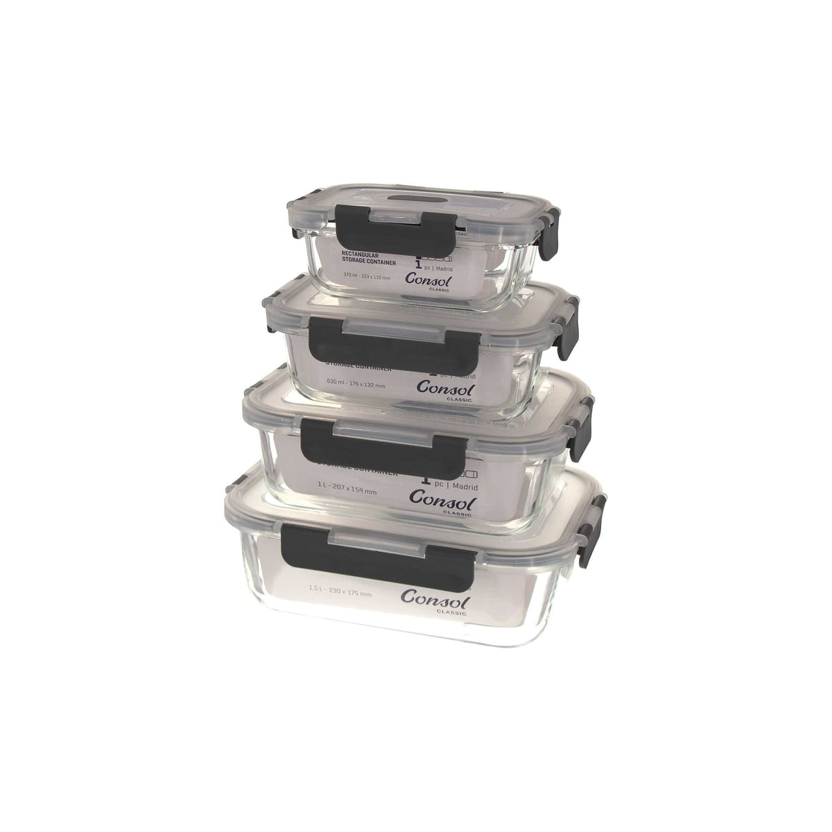 Consol GLASS Consol Madrid Rectangular Storage Container with Clip-On Lid 370ml 17168 (7285947334745)