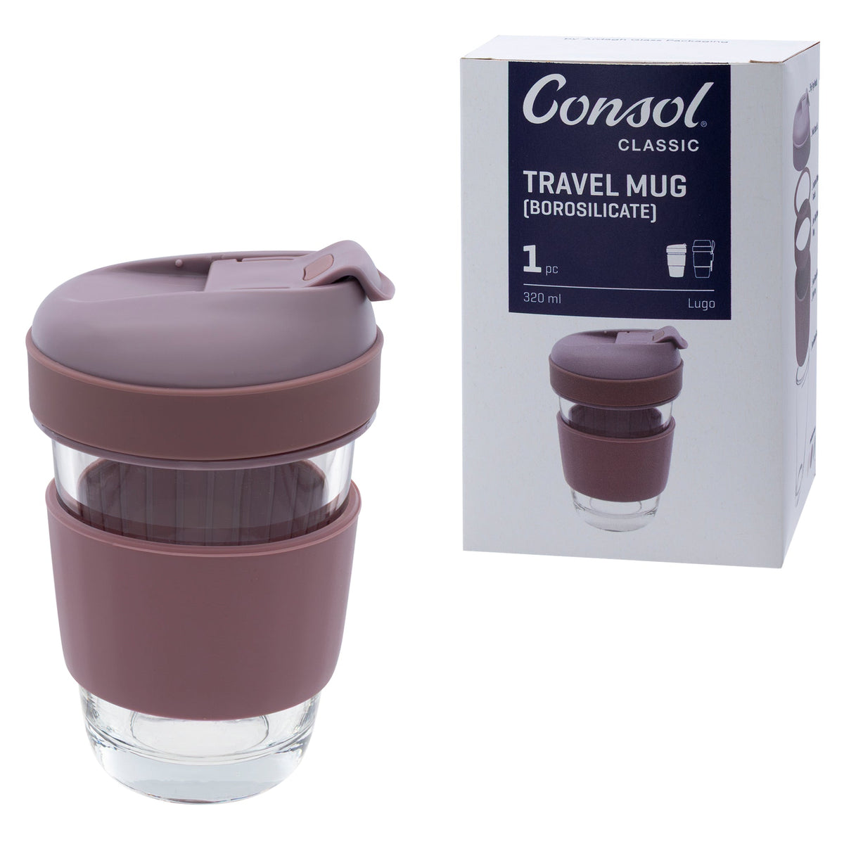 Consol Travel Mug Consol Lugo Glass Travel Mug With Purple Plastic Lid, 320ml 17220