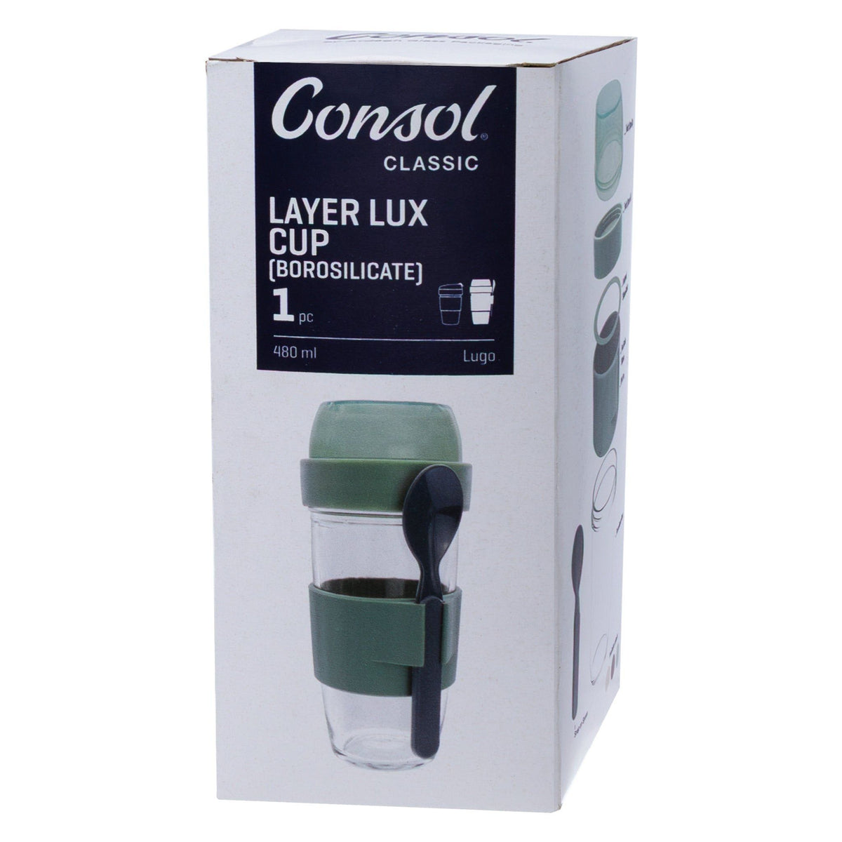 Consol Travel Mug Consol Lugo Layer Lux Cup With Green Plastic Lid And Grey Spoon, 480ml 17222