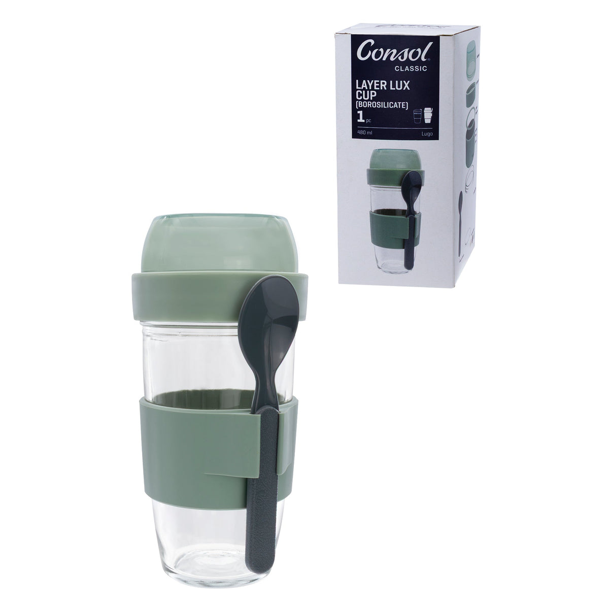 Consol Travel Mug Consol Lugo Layer Lux Cup With Green Plastic Lid And Grey Spoon, 480ml 17222