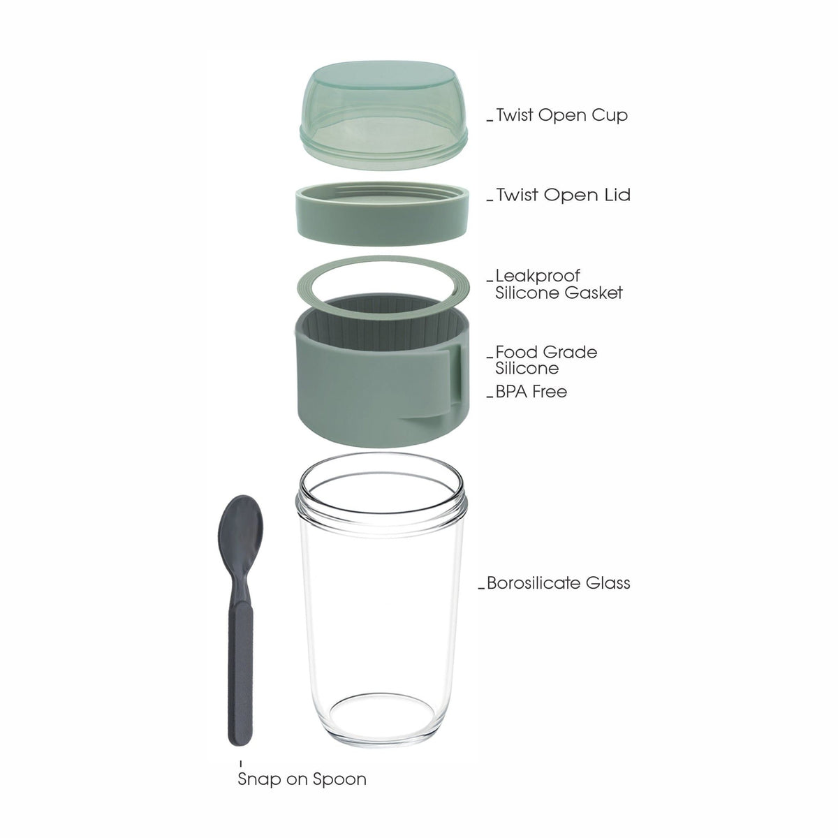 Consol Travel Mug Consol Lugo Layer Lux Cup With Green Plastic Lid And Grey Spoon, 480ml 17222