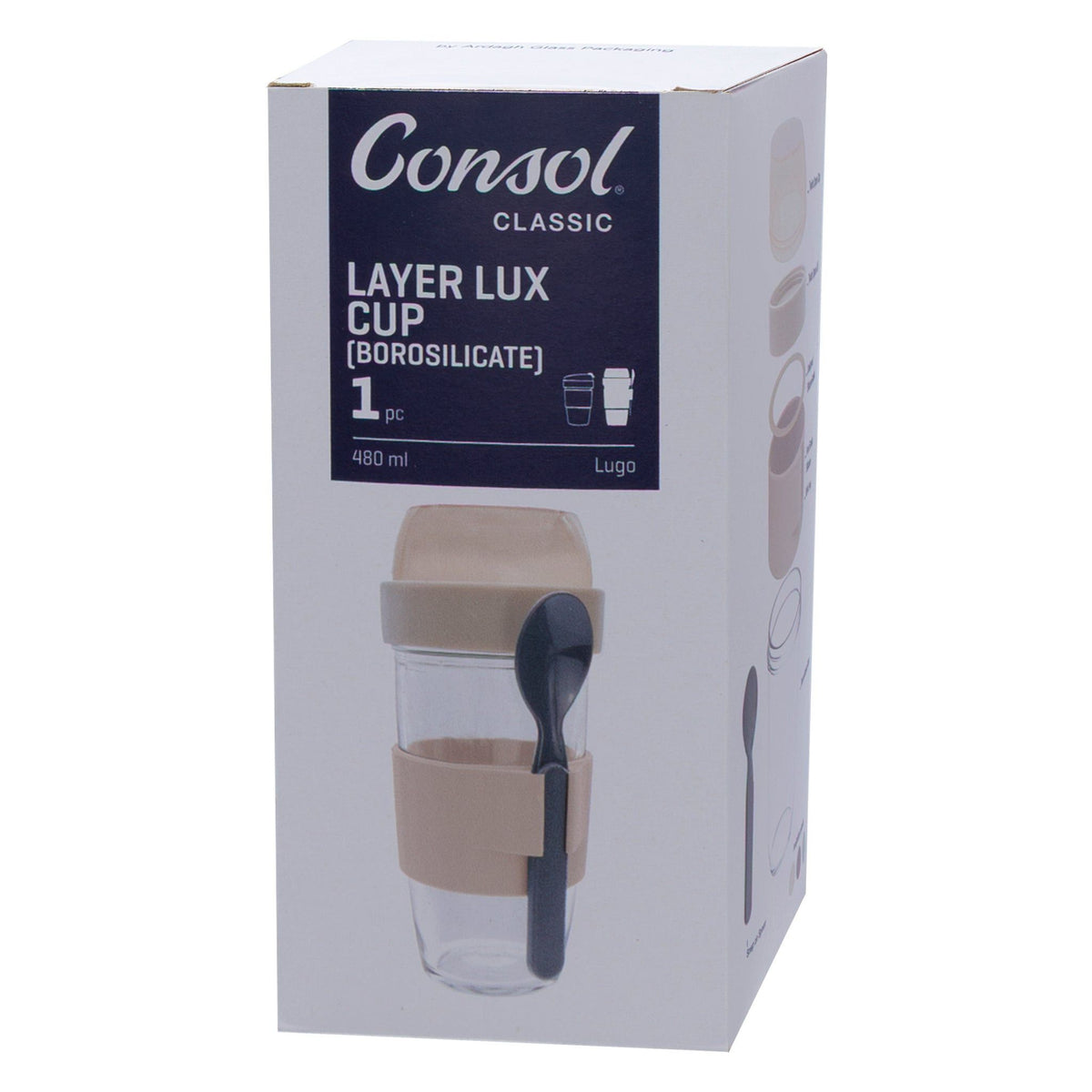 Consol Travel Mug Consol Lugo Layer Lux Cup With Purple Plastic Lid And Grey Spoon 480ml 17223