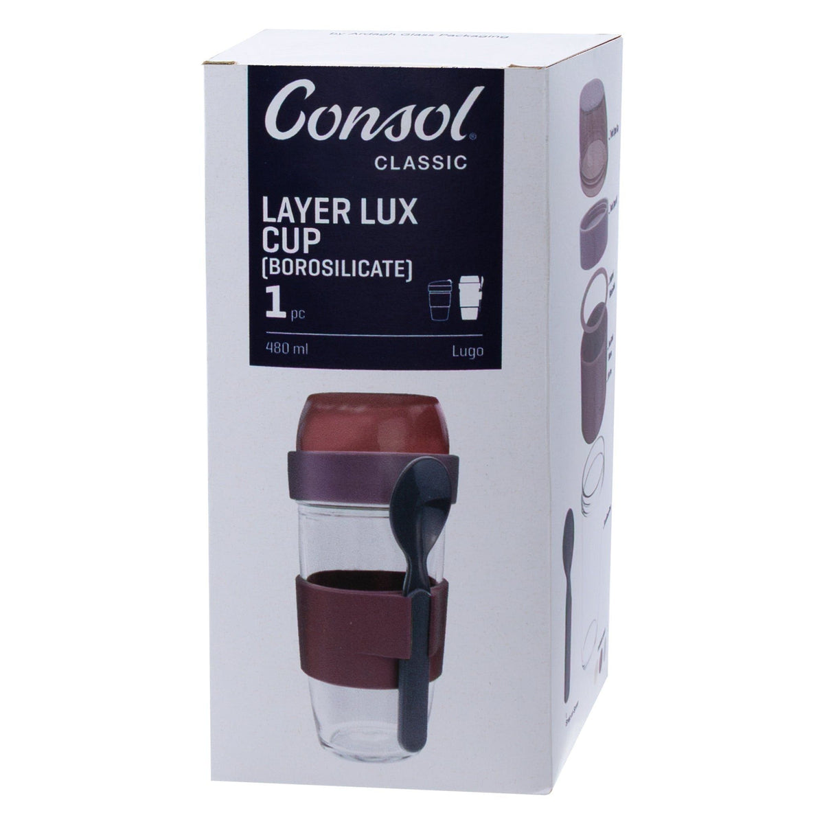 Consol Travel Mug Consol Lugo Layer Lux Cup With Purple Plastic Lid And Grey Spoon 480ml 17223
