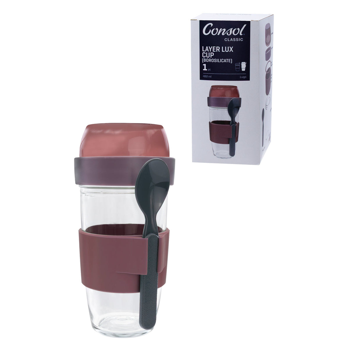 Consol Travel Mug Consol Lugo Layer Lux Cup With Purple Plastic Lid And Grey Spoon 480ml 17223