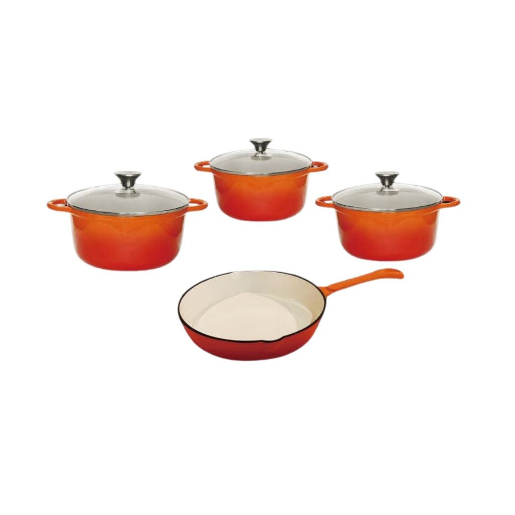 Continental Homeware POTS Cast Iron Pot Set 7 Piece with Glass Lids Enamel Orange CH1190