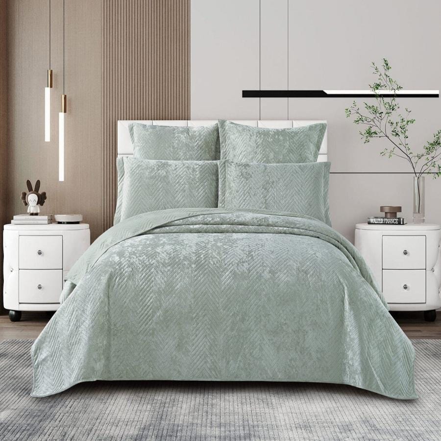 Cotton Co Bedroom & Bathroom Cotton Co Berlin Queen Velvet Frost Reversible Luxury Quilt 5 Piece Duck Egg BRG07 (7877171642457)