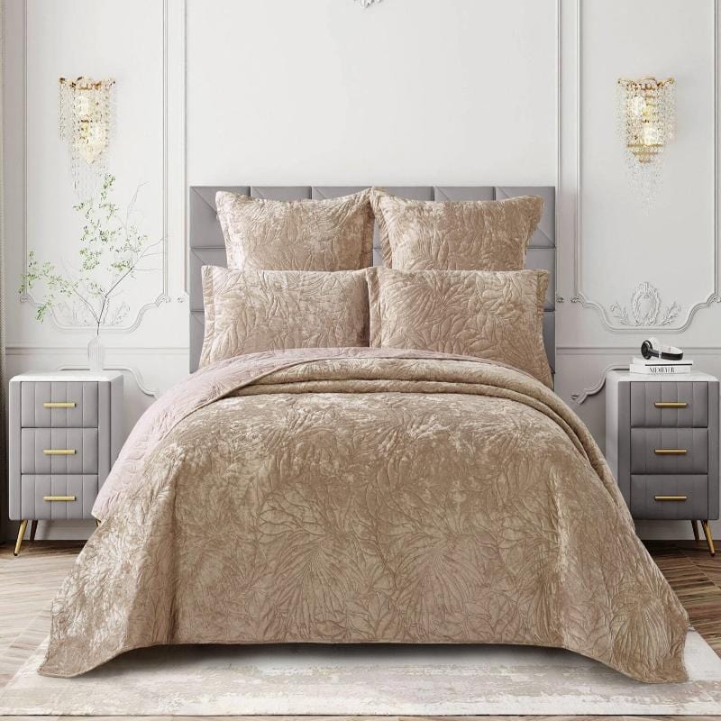 Cotton Co Bedroom & Bathroom Cotton Co Oslo Queen Velvet Frost Reversible Luxury Quilt 5 Piece Beige OSB04 (7877165580377)