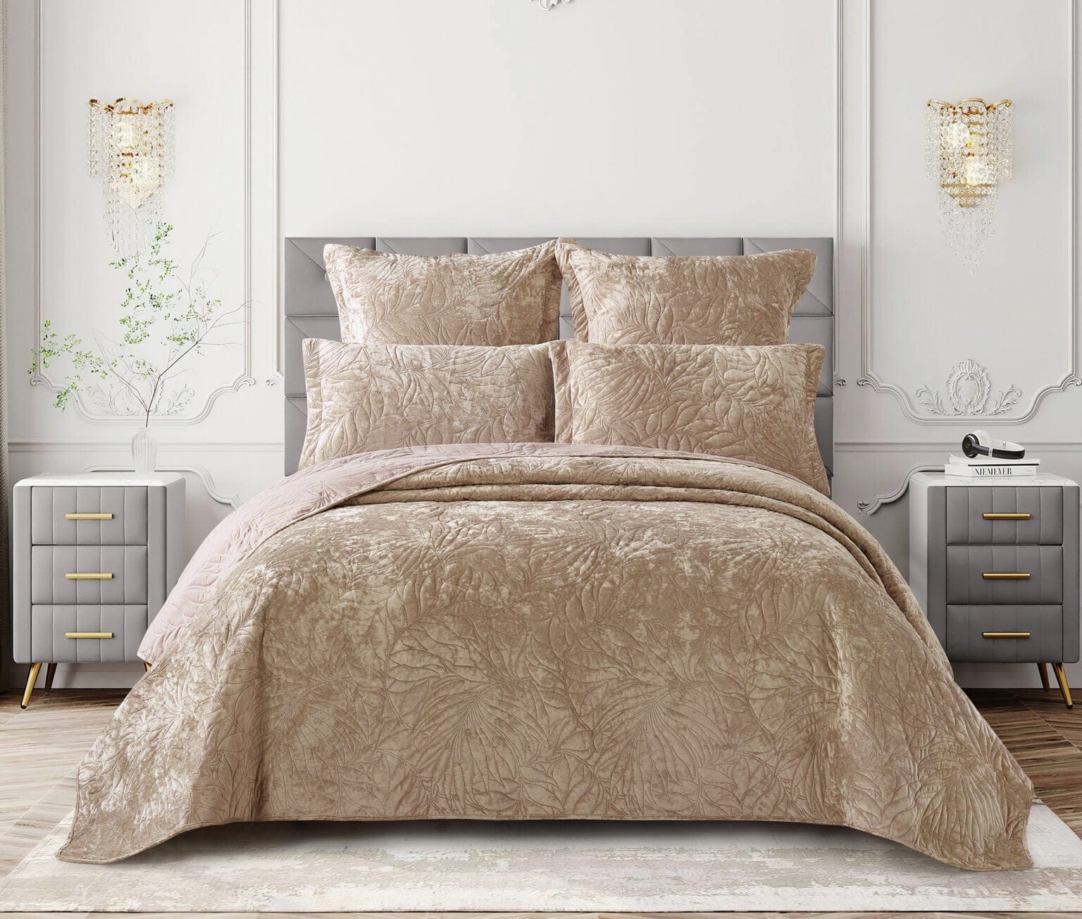 Cotton Co Bedroom & Bathroom Cotton Co Oslo Queen Velvet Frost Reversible Luxury Quilt 5 Piece Beige OSB04 (7877165580377)